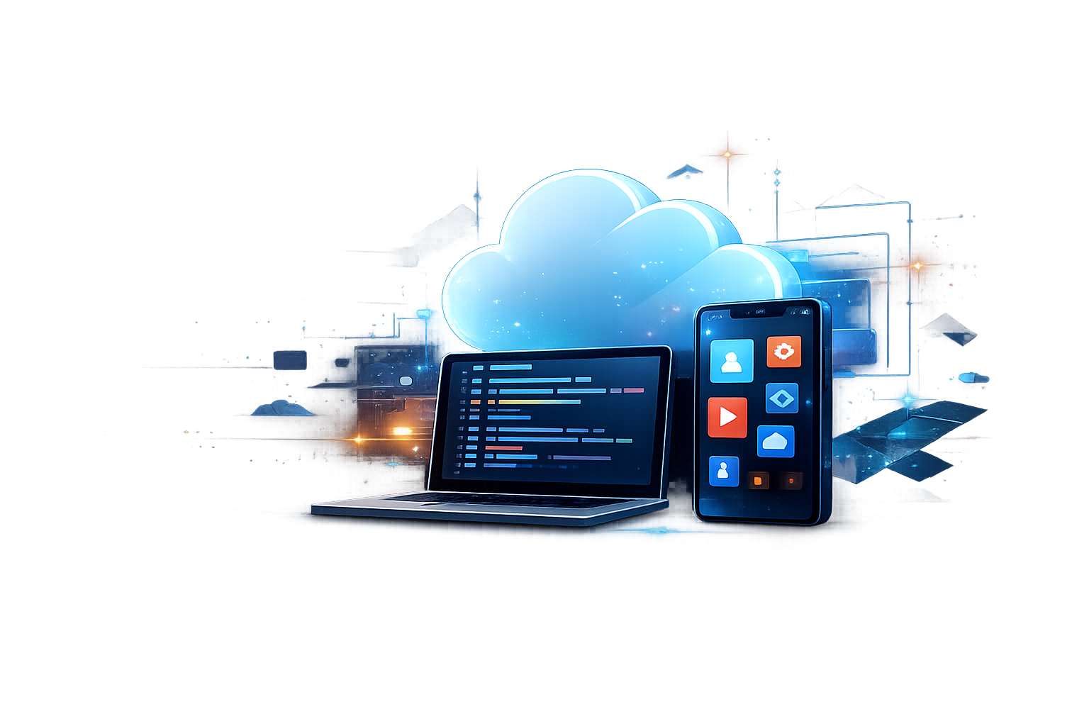 Cloud, web and mobile software illustration